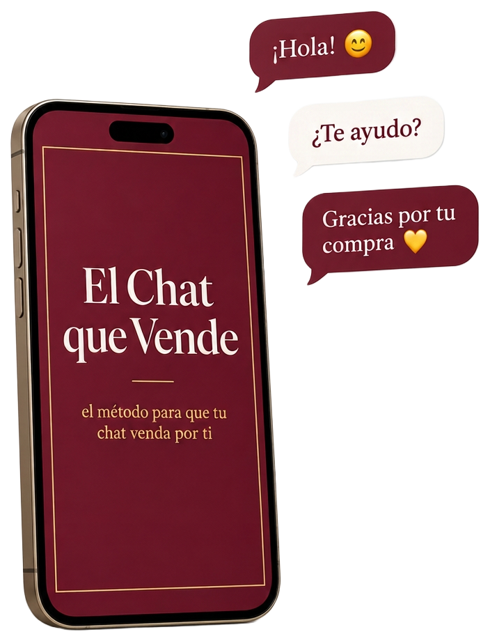 Portada de la guía El Chat que Vende en la pantalla de un móvil junto a burbujas de chat